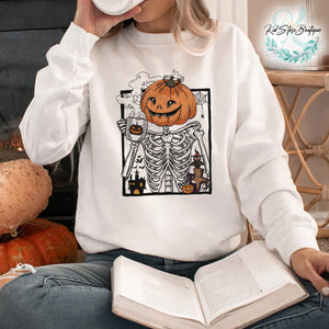 Pumpkin Skeleton Drinking Coffee Shirt, Funny Halloween T shirt, Skeleton Coffee Lover Shirts, Enjoy Pumpkin Sweatshirt, Coffee Lover Tees