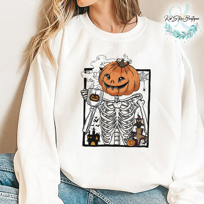 Pumpkin Skeleton Drinking Coffee Shirt, Funny Halloween T shirt, Skeleton Coffee Lover Shirts, Enjoy Pumpkin Sweatshirt, Coffee Lover Tees