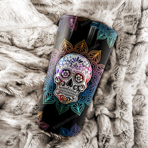 Sunflower and Skull Mandala Tatoo Stainless Steel Tumbler, Skull Tatoo