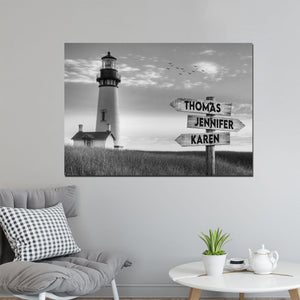 Lighthouse Multi-Names Canvas - Family Street Signs Customized With Names- 0.75 & 1.5 In Framed -Wall Decor, Canvas Wall Art