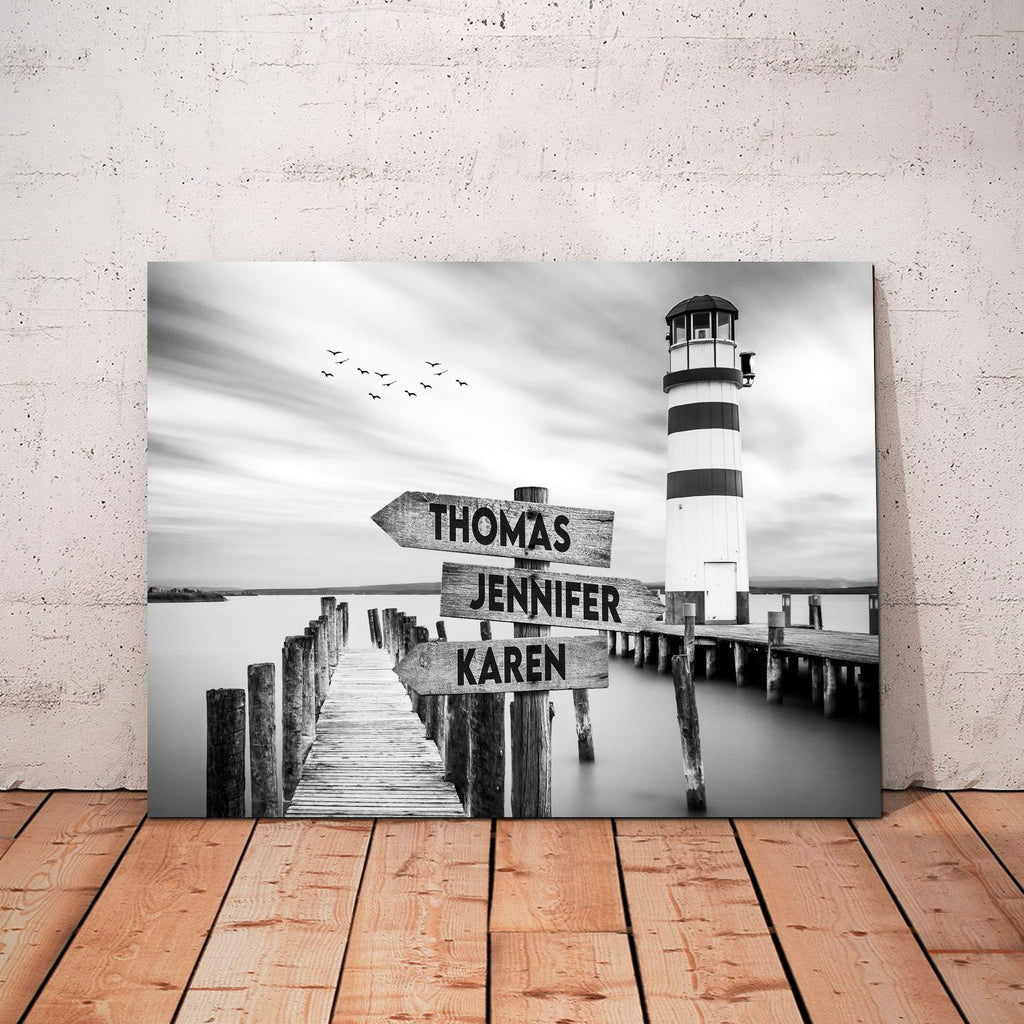 Lighthouse Multi-Names Canvas - Family Street Signs Customized With Names- 0.75 & 1.5 In Framed -Wall Decor, Canvas Wall Art