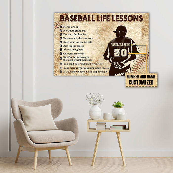 Baseball Life Lessons, Baseball Player, Never Give Up, Personalized Canvas