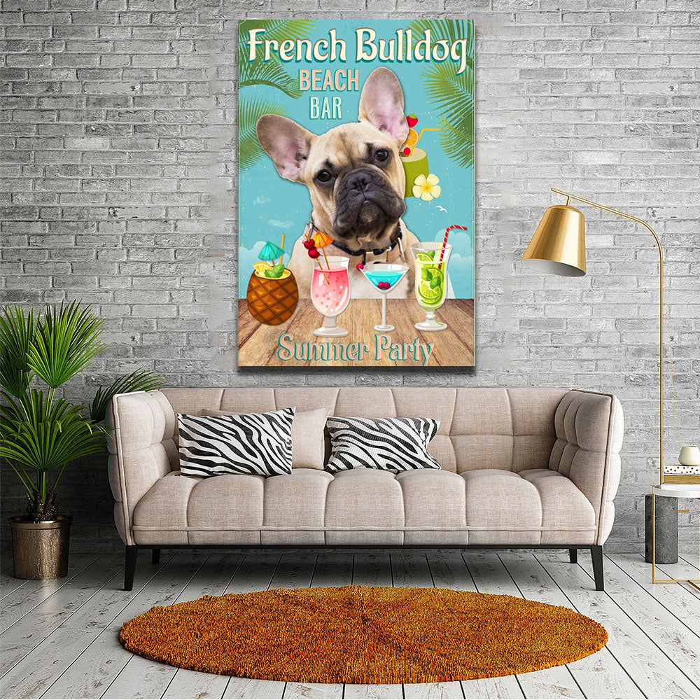 French Bulldog Beach Bar Summer Party Poster Summer Vacation Living Home Canvas, Dog lover Canvas