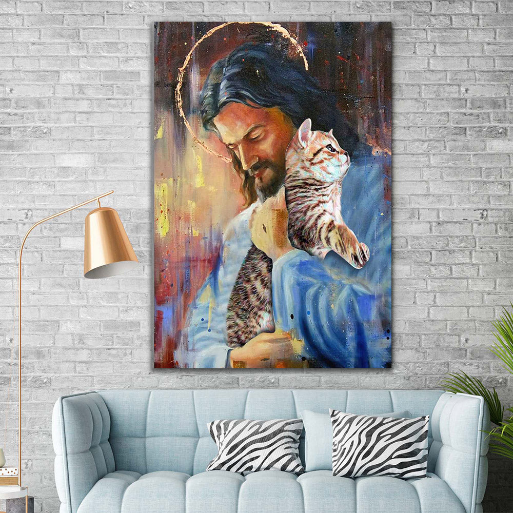 God Loves Cat, Jesus Cat Lover Canvas, Wall-art Canvas