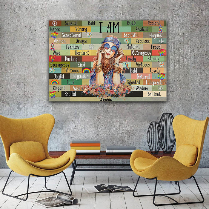 Hippie Girl I Am Strong Bold Radiant, Gift for Her Canvas, Personalized Canvas