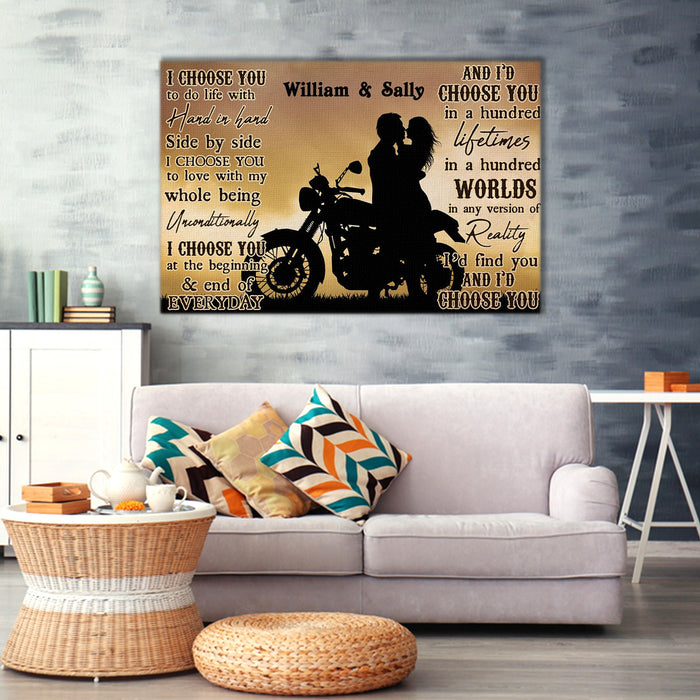 Motorcycling Silhouette, I Choose You, To Do Life With Hand In Hand, Personalized Canvas, Couple Canvas