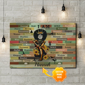 I Am African American Black Queen Yoga Mediation Wrapped Framed, Personalized Canvas