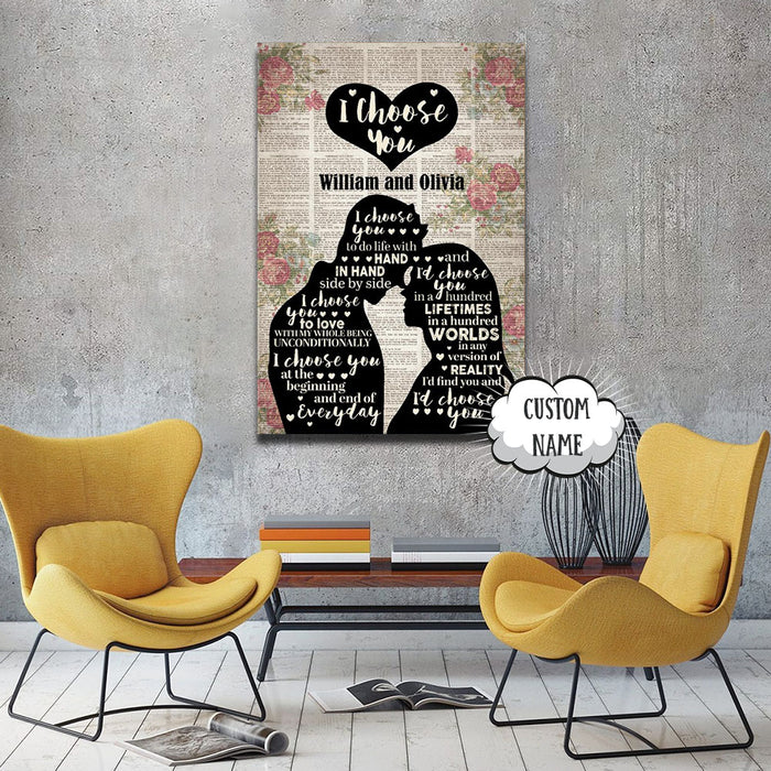 I Choose You Silhouette Flower, Couple Canvas, Personalized Canvas