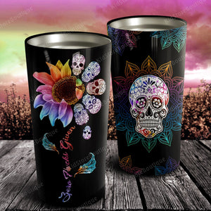 Sunflower and Skull Mandala Tatoo Stainless Steel Tumbler, Skull Tatoo