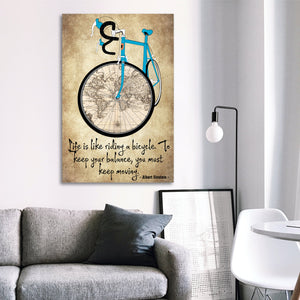 Albert Einstein, Blue Sport Bicycle And The World Map Life Is Like Riding a Bicycle Canvas - Home Living- Wall Decor, Canvas Wall Art