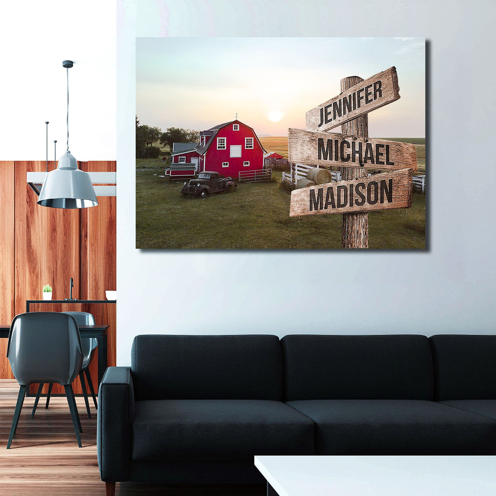 Canada Barn Sunset Multi-Names Premium Canvas - Family Street Signs Customized With Names- 0.75 & 1.5 In Framed -Wall Decor, Canvas Wall Art