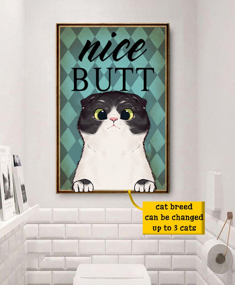 Cute Cat Breed Clip Art Nice Butt Vintage Bathroom Sign Decor, Funny Cat Canvas, Personalized Canvas