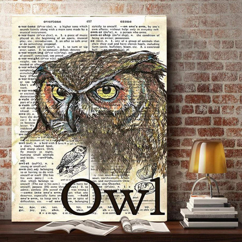 Dictionary Owl Vertical 0.75 & 1,5 Framed Canvas - Best Gift for Animal Lovers - Home Living - Wall Decor