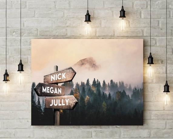 Stunning Dark Mysterious Pine Woods With Fog Multi-names Premium Canvas - Family Street Signs Customized With Names- 0.75 & 1.5 In Framed -