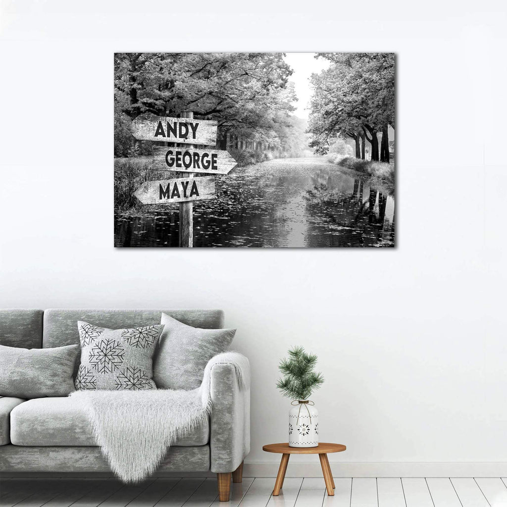 Personalized Mountain River Multi-Names Premium 0.75 & 1,5 Framed Canvas - Street Signs Customized With Names- Home Living- Wall Decor