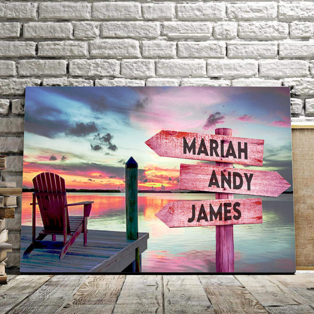 Personalized Sunset At The River Multi-Names Premium 0.75 & 1,5 Framed Canvas - Street Signs Customized With Names- Home Living- Wall Decor