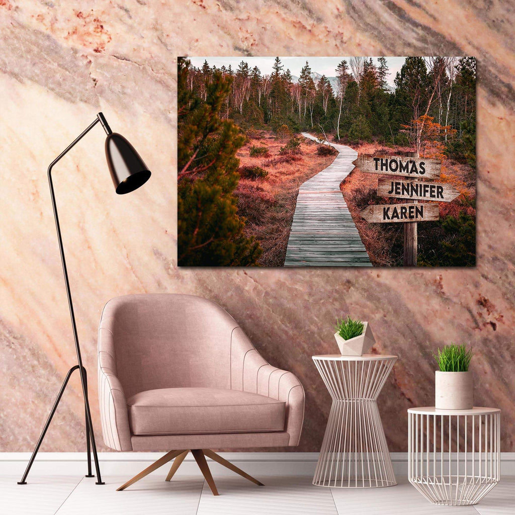 Personalized Road Into The Woods Multi-Names Premium 0.75 & 1,5 Framed Canvas - Street Signs Customized With Names- Home Living- Wall Decor