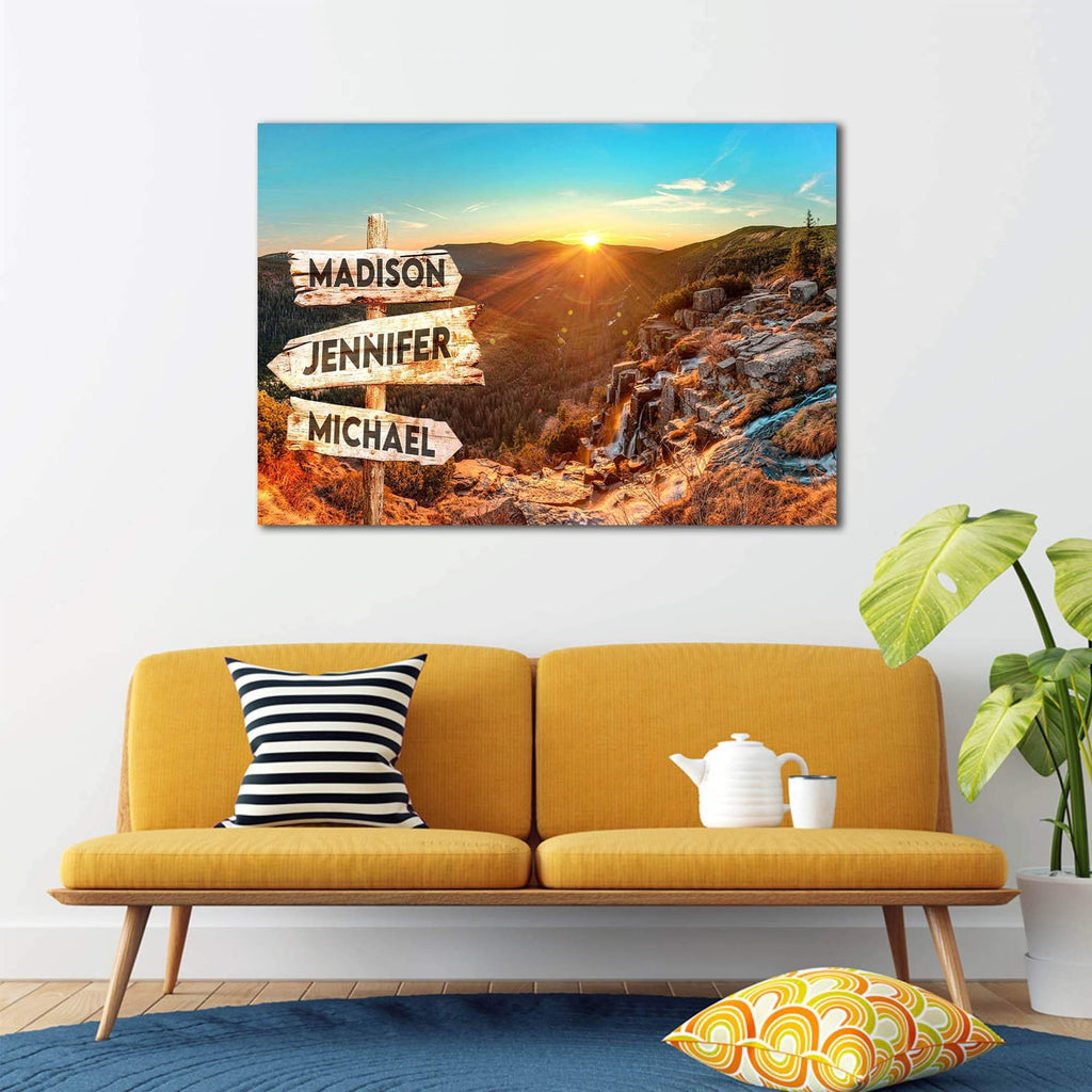 Personalized Dawn In The Mountain Multi-Names Premium 0.75 & 1,5 Framed Canvas - Street Signs Customized With Names- Home Living- Wall Decor