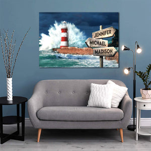 Personalized Lighthouse Multi-Names Premium 0.75 & 1,5 Framed Canvas - Street Signs Customized With Names- Home Living- Wall Decor