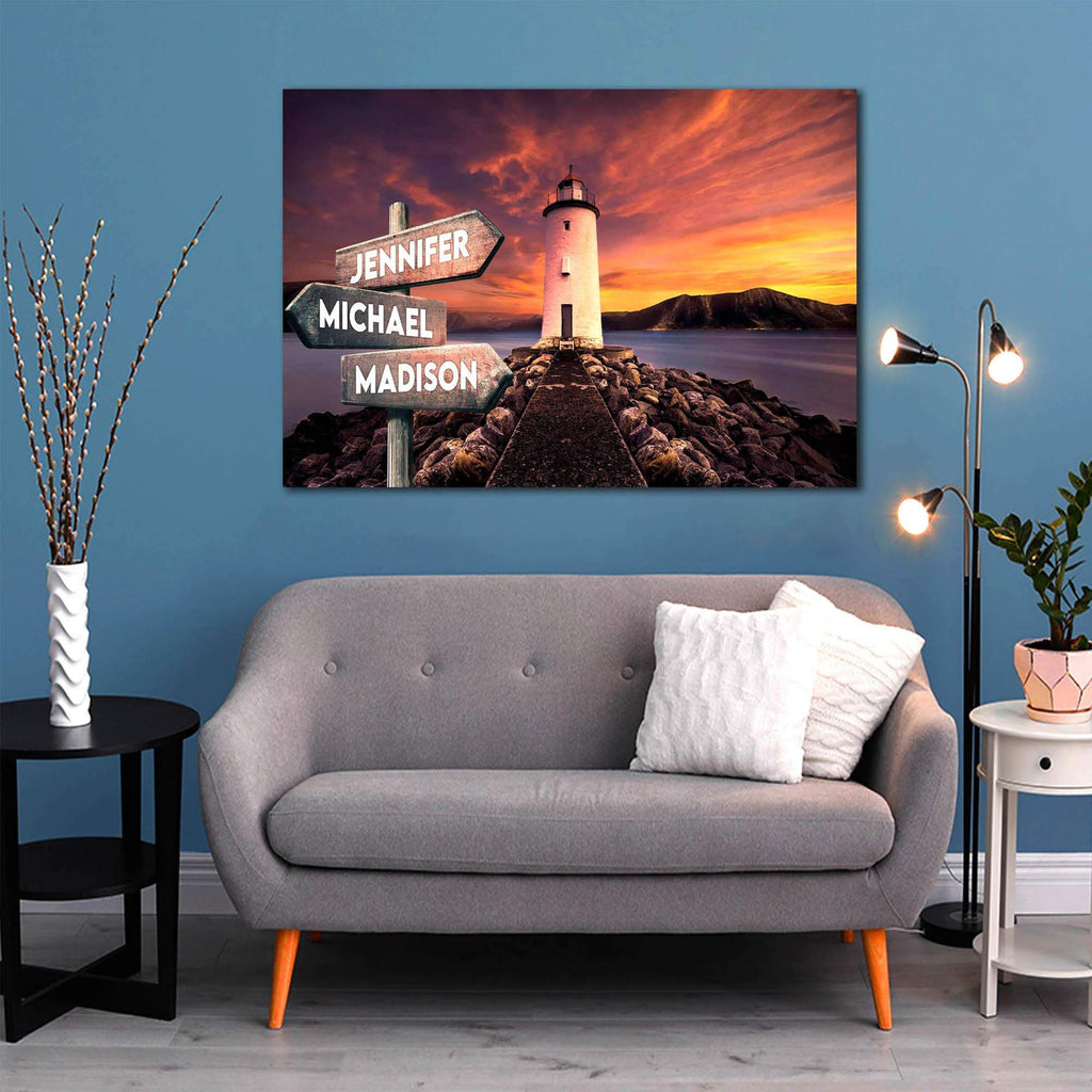 Personalized Lighthouse Multi-Names Premium 0.75 & 1,5 Framed Canvas - Street Signs Customized With Names- Home Living- Wall Decor