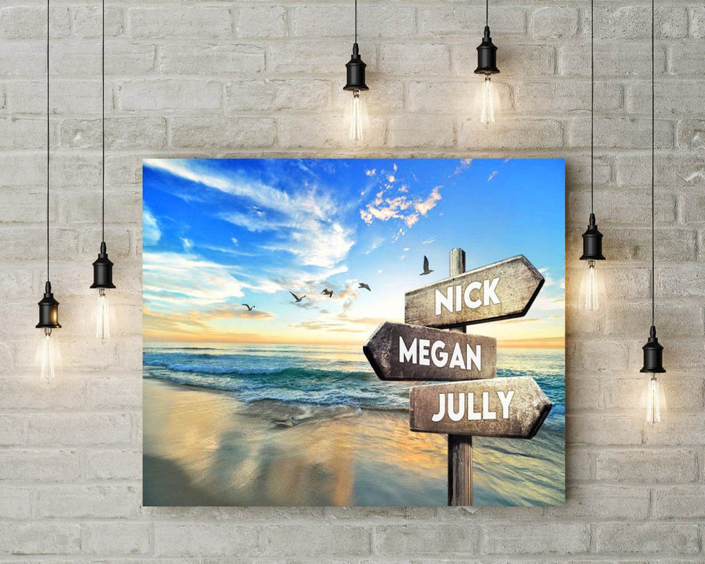 Personalized Beautiful Beach View Landscape Multi-names Premium Canvas - Family Street Signs Customized With Names- 0.75 & 1.5 In Framed -w