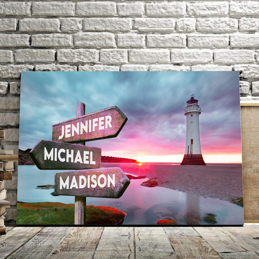 Personalized Lighthouse Multi-Names Premium 0.75 & 1,5 Framed Canvas - Street Signs Customized With Names- Home Living- Wall Decor