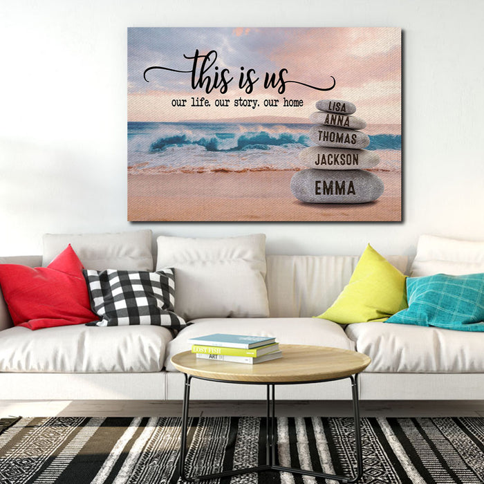 This is us, our life our story our home, Stones in the beach Canvas, Personalized Canvas